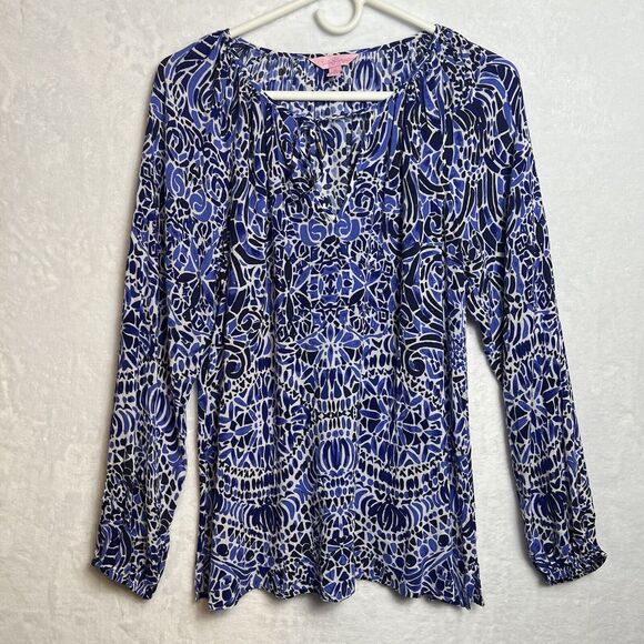 Lilly Pulitzer Willa Peasant Blouse Womens Size Medium Blue Black Beach Summer - Picture 1 of 12